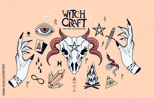 A collection of witchcraft signs and traditional symbols. Hand craft elements with crystals, a ram skull, witch hands, spells and charms.