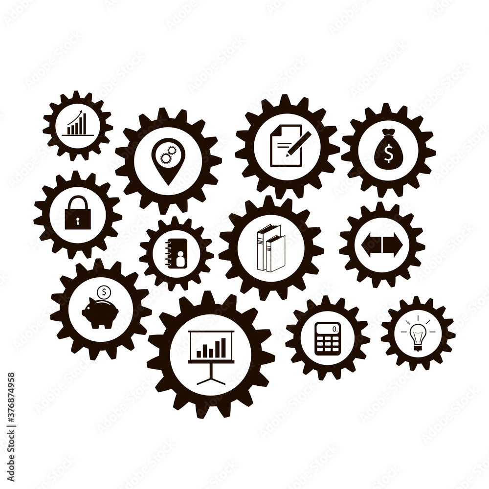 Vector collection of flat business icons. Gear, diagram, pig, currency, pointer, arrows, lock, calculator, light bulb, book, notepad. Vector collection of flat business icons. Gear, diagram, pig, currency, pointer, arrows, lock, calculator, light bulb, book, notepad.
