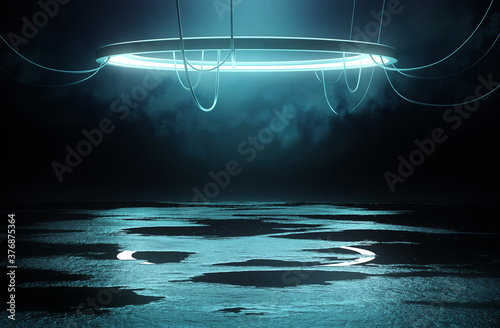 Illuminated Stage platform and lighting concept with a circular loop light and reflective flooring with wet puddles. 3D illustration.