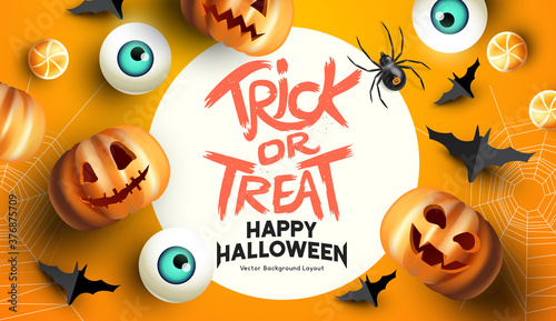 Spooky and fun happy halloween event mockup design background. including bats, sweets, and grinning jack o lantern pumpkins. Vector illustration.