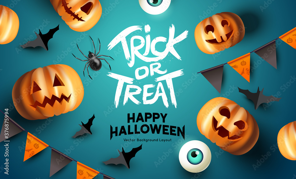 Spooky happy halloween event mockup design background. including bats, party bunting, and grinning jack o lantern pumpkins. Vector illustration. - obrazy, fototapety, plakaty 