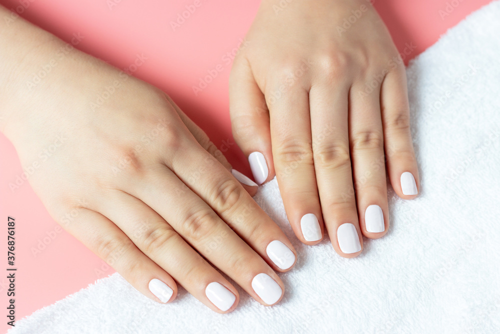 Beautiful women's hands with white manicure on pink and white background Beautiful women's hands with white manicure on pink and white background