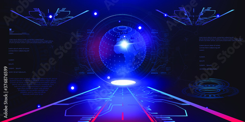 Holographic blue glowing 3D ball or earth energy shield in futuristic space of user HUD interface. Glowing volumetric 3D ball with dots or segments. Abstract background. Video game interface
