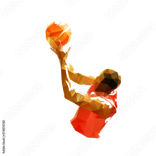 Basketball player shooting ball, isolated low polygonal vector illustration. Geometrci basketball logo from triangles