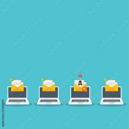 Laptop email / envelope with black document and skull icon. Virus, malware, email fraud, e-mail spam, phishing scam, hacker attack concept. Vector illustration	