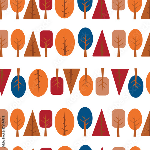 Autumn trees seamless pattern for decoration Thanksgiving day. Vector stock illustration in classic blue, sandstone, samba, amberglow colors. EPS10