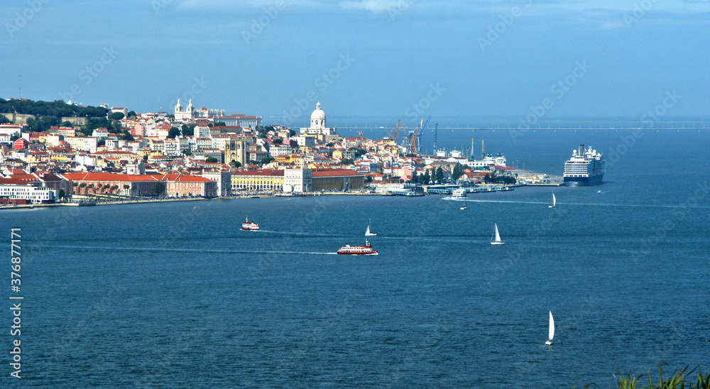 Panoramic view of Lisbon from Sanctuary of Cristo Rei in Almada, Portugal