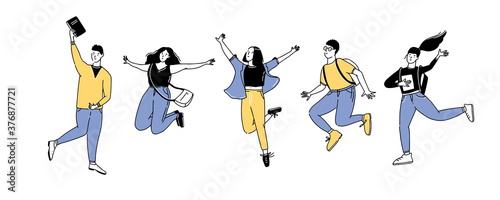 Happy jumping students. Group of cheerful young men and women with backpacks and books. Simple line doodle vector characters isolated on white background