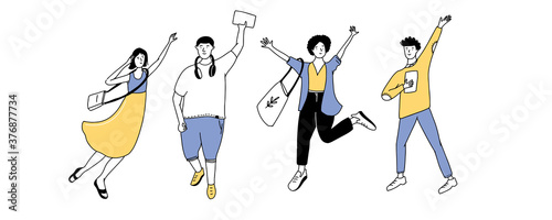 Happy young people smiling and jumping. Four waving students. Simple line doodle vector characters isolated on white background