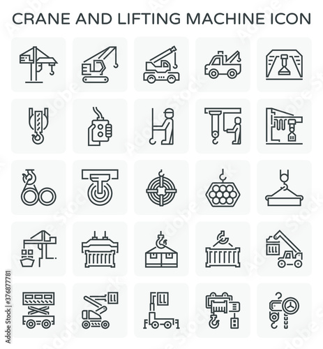 Crane icon or lifting equipment icon such as tower, crawler, mobile, gantry, overhead, jib, winch, etc. That using in construction, transportation, production etc industry. Vector icon design.