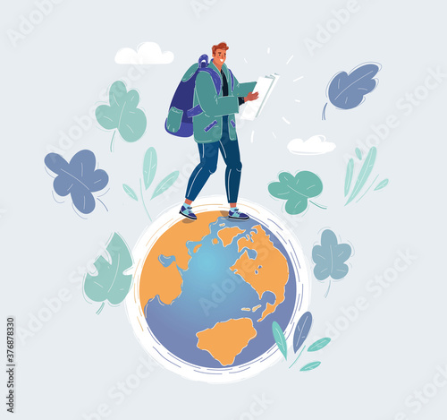 Vector illustration of earth and man walks on different continents. A concept for crowd source or outsourced business.