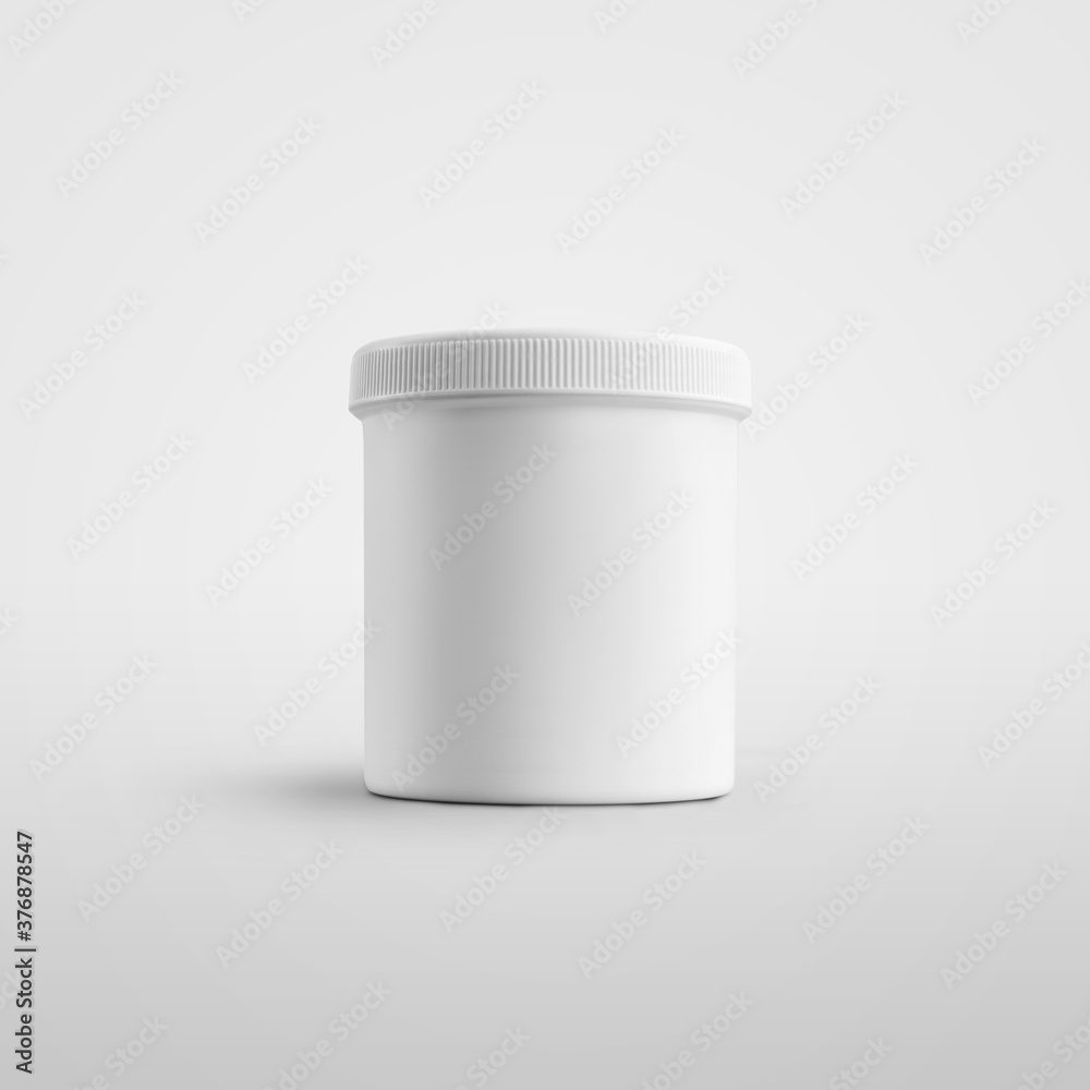 Mockup of a plastic white jar standing isolated on background with shadows. Mockup of a plastic white jar standing isolated on background with shadows.