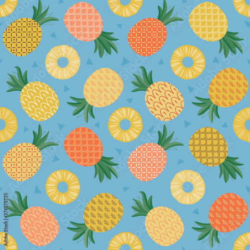 Pineapple pattern, seamless vector pattern with cute, colourful pineapples. Bright fruit repeat for fabrics, giftware, textiles. 