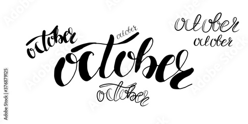 set of lettering october in different styles, fight against breast cancer, outline, print for textile, paper design, raster copy