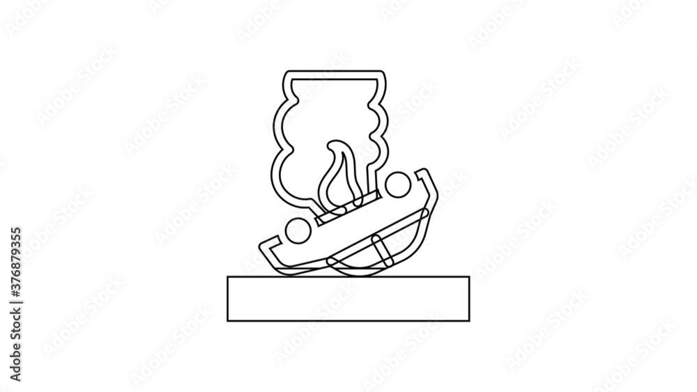 Black line Burning car icon isolated on white background. Car on fire. Broken auto covered with fire and smoke. 4K Video motion graphic animation.