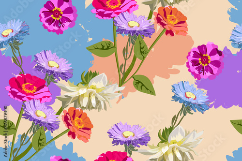 Fototapeta Naklejka Na Ścianę i Meble -  Vector seamless floral pattern with realistic flowers aster, zinnia, dahlia, on a multicolored summer background, bright feminine background for fabric design, wrapping paper, textile.