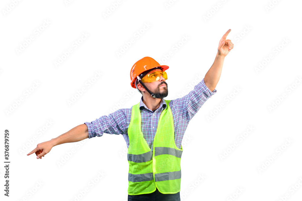 Builder foreman gesticulating. Isolated on white. Blank for using in design on the theme of construction.