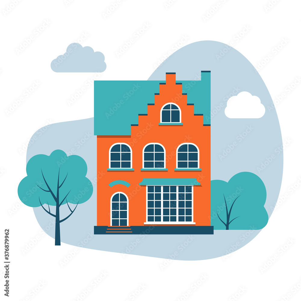 Cartoon colorful architecture Amsterdam. House with trees, bush, clouds. Classic building facade in flat style. Composition small town closeup, landscape banner. Isolated on white vector illustration