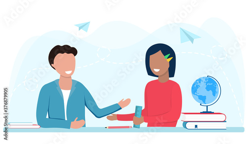 Back to School concept. Diverse classmates sitting at a Desk and talking. Flat vector illustration