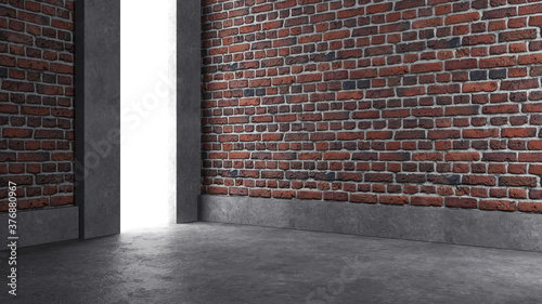 Empty industrial concrete room with brick wall and lighting, 3D render