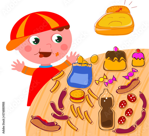 Greedy obese child and table full of bad junk food, cartoon vector illustration