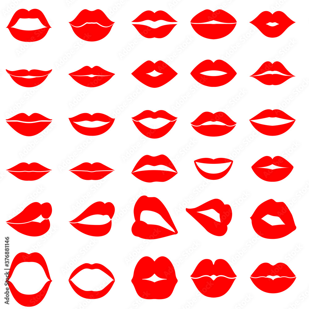 Woman's lip gestures icon vector set. Girl mouths close up expressing different emotions illustration sign collection. Kiss symbol. 