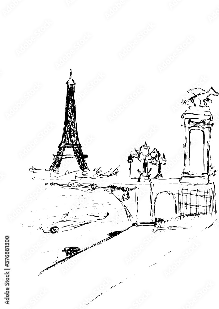 Fototapeta eiffel tower in paris hand drawn illustrator