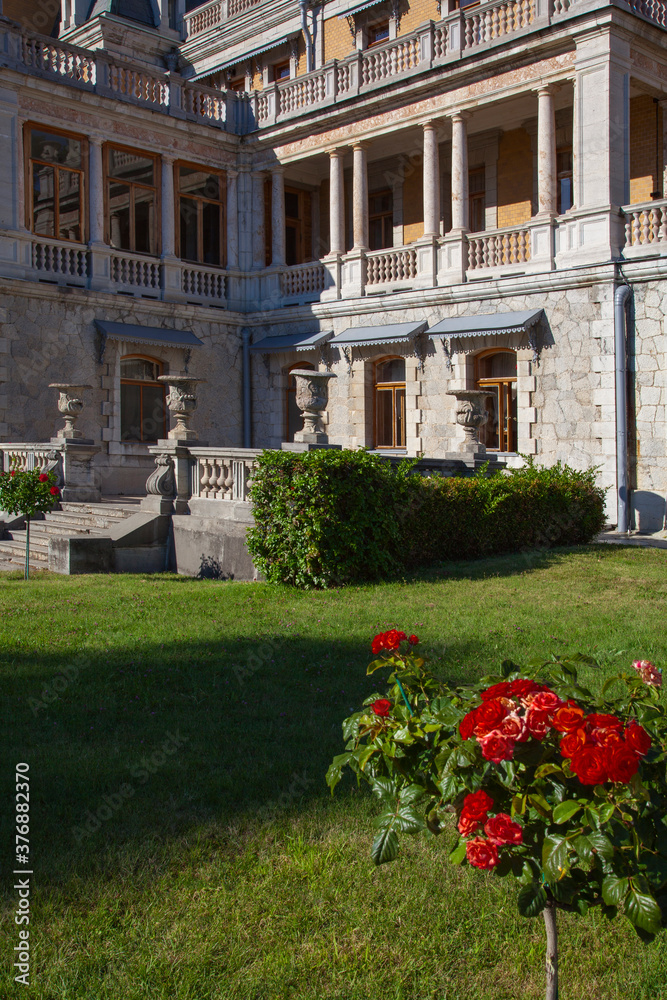 Fragment of the facade of the ancient castle in Massandra (Crimea). There is a rose bush in the foreground