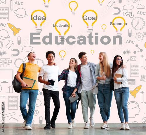 Happy Students Standing Together Posing Over White Studio Background, Collage photo