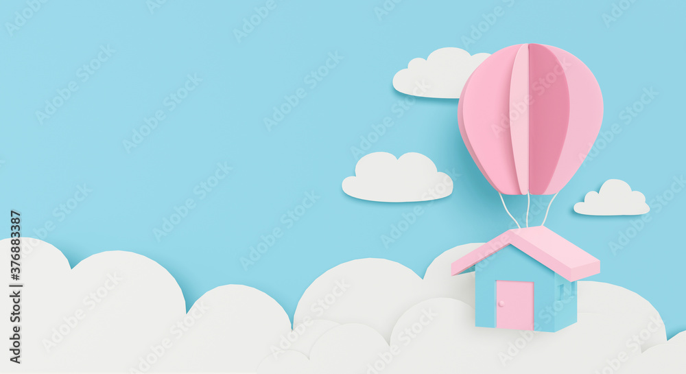 Paper art of pastel house hanging balloon on cloud background.