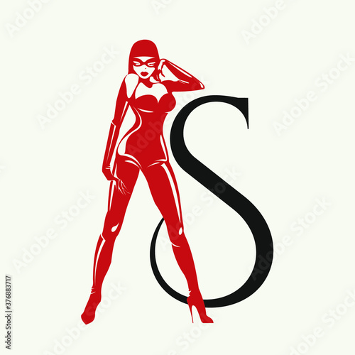 Beautiful woman silhouette and letter S.Girl power message.Feminist illustration.Latex suit.Sexy body shape isolated on light background.Young female.Mask, gloves and high heels stiletto shoes.
