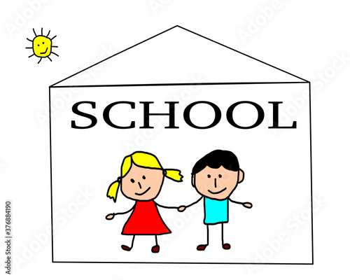 Kids drawing -  back to school concept greetig card photo