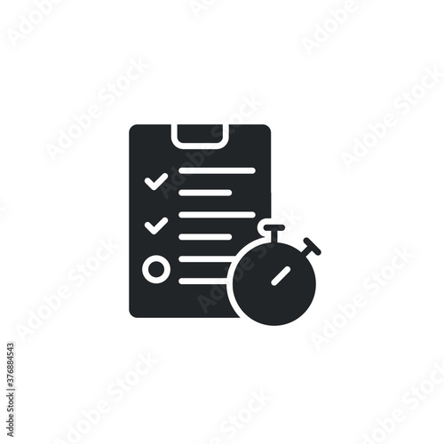 Exam, homework icon, solid style. Timing concept with classic stopwatch and check list. Vector illustration. Design on white background. EPS 10