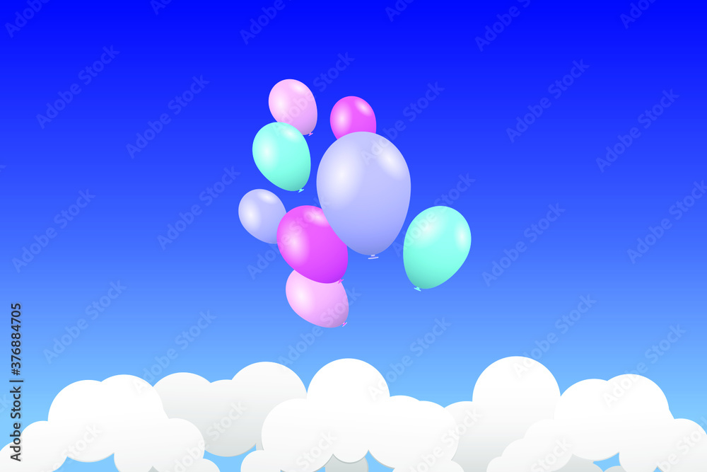 Colorful balloons and white clouds in the blue sky. Vector illustration EPS10