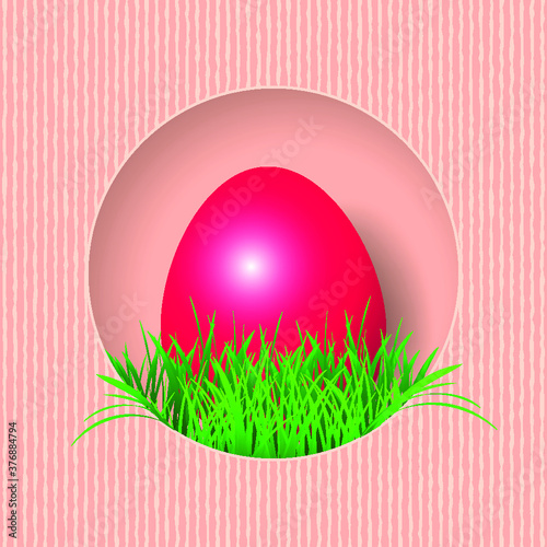 Happy Easter Background. Easter Egg and green grass in cut out paper style. Vector illustration EPS10