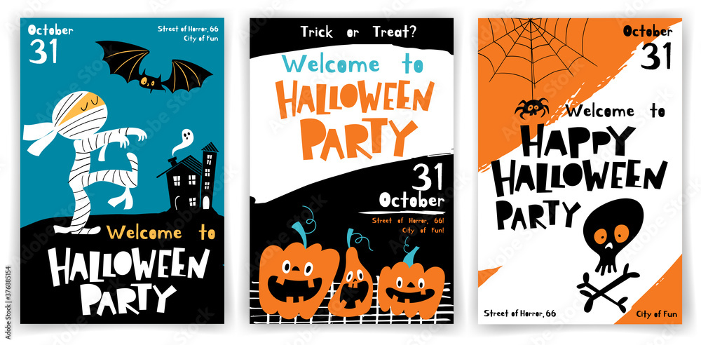 Set of vector Welcome to Halloween party posters in cartoon flat style with cute characters Set of vector Welcome to Halloween party posters in cartoon flat style with cute characters