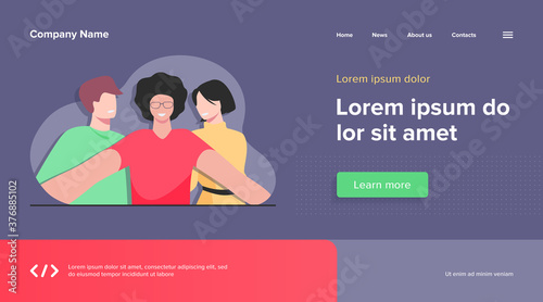 Happy diverse young people taking group selfie on mobile phone camera, standing together and smiling. Flat vector illustration for friendship, photo, self portrait concept