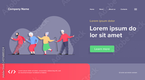 Happy senior people dancing at party. Cartoon grey haired old men and women enjoying music in club, having fun . Vector illustration for age, hobby, joy, retirement concept
