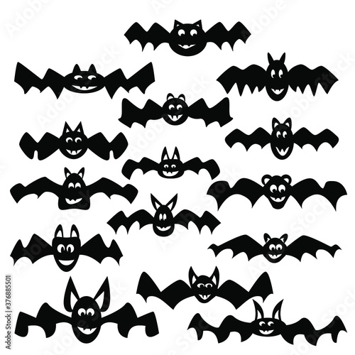 Set of cute doodle bats, silhouettes of flying animals for Halloween, mammals of various shapes and sizes