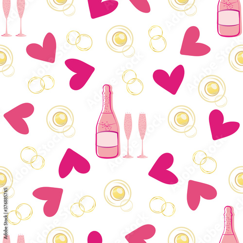 Champagne bubble and hearts seamless vector pattern background. Gold, pink, white backdrop of bottles, drink glasses, sparkling circles. Elegant rose wine repeat for engagement, Valentine celebration