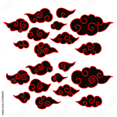 Collection of red and gold clouds in Chinese style.Chinese Cloud template vector icon illustration design.Set of oriental asian clouds different shapes.
