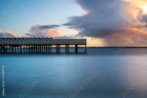 Long exposure of public bathhouse on the beach in Helsingborg, Sweden. © PhotosbyPatrick
