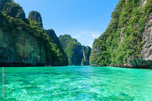 Beautiful view landscape of tropical beach , emerald sea and white sand against blue sky, Maya bay in phi phi island , Thailand © tonefotografia