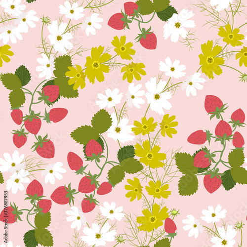 Seamless vector summer illustration with flowers cosme and strawberries