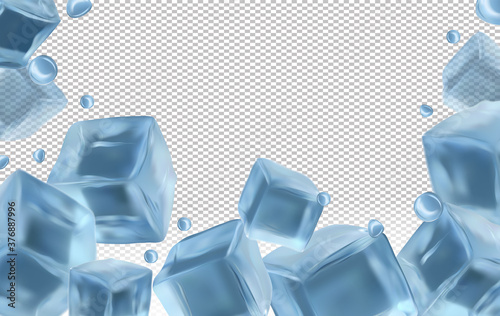 Frozen ice cubes on transparent background with copy space for your text. Realistic ice cubes close up and water drops. Vector illustration. 