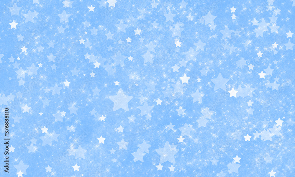 a festive, abstract bright blue background with many stars, scattered chaotically, with different transparency and sizes. Shiny background with radiance and glitter, with shining and geometric stars