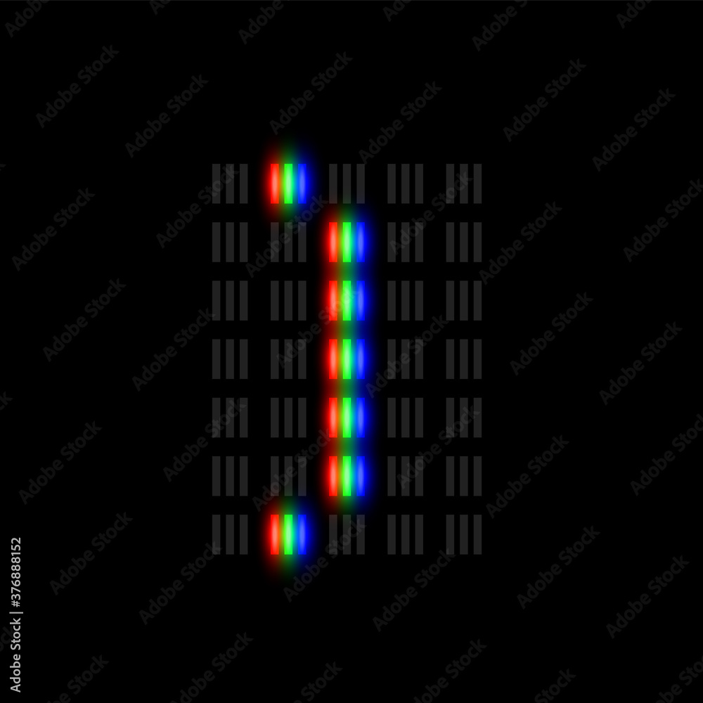 RGB pixel font character with glow, red-green-blue pixels, vector illustration