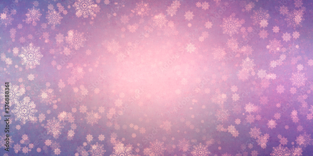 Vintage bright pink purple winter Christmas background with lots of ornate snowflakes. Elegant beautiful winter card