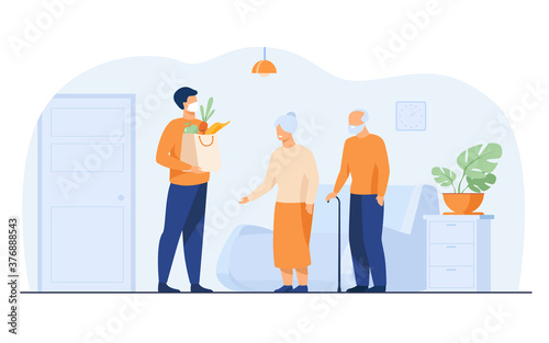 Volunteer delivering food parcels for elderly people isolated flat vector illustration. Cartoon old people meeting courier in protective mask. Delivery service and isolation concept