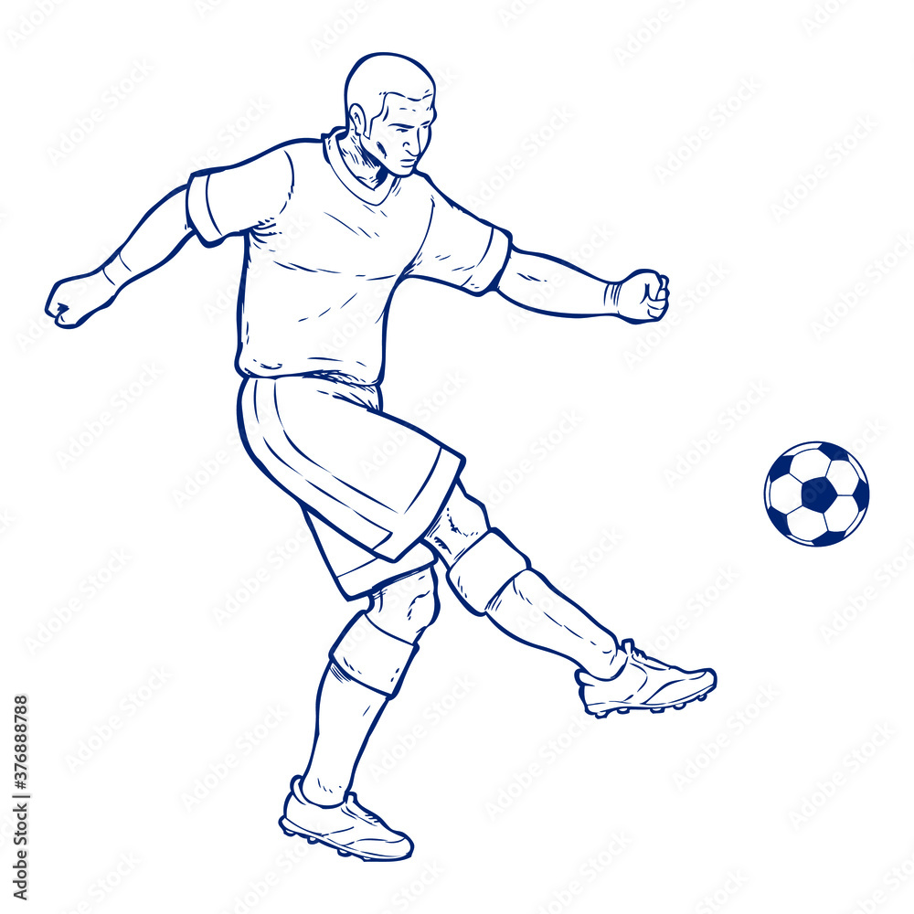 Hand drawn illustration of a football player who shooting a ball.